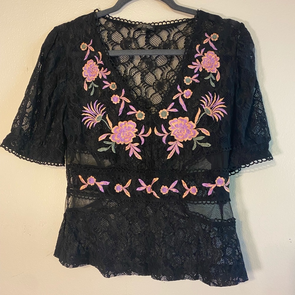 Topshop Black Lace Embroidered Floral Top Size 8
